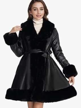 Black Faux-Fur Trim Belted Coat - Women Jackets & Coats
